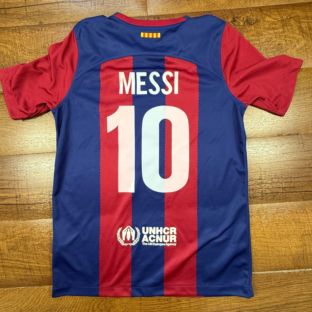 Nike FC Barcelona Soccer Jersey Kids Size L Blue Red Messi 10 Short Sleeve Shirt
